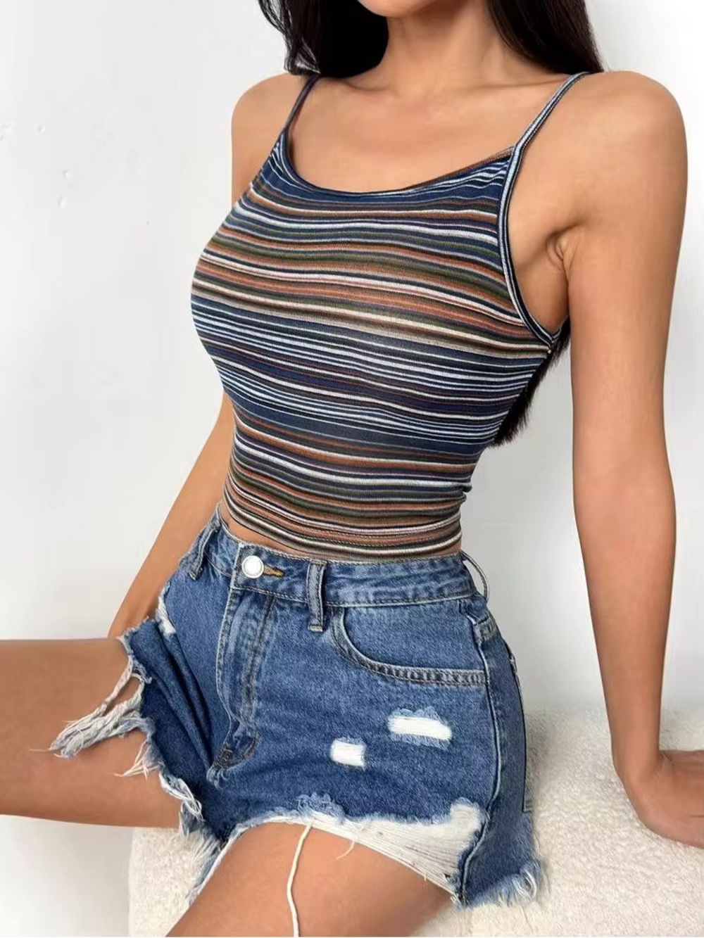 SHEIN Navy Multicolor Striped Spaghetti Strap Crop Tank